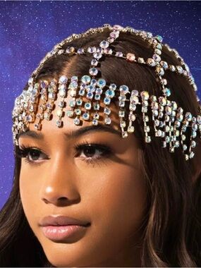 Crystal Fringe Headpiece - Iridescent Rhinestone Hair Chain